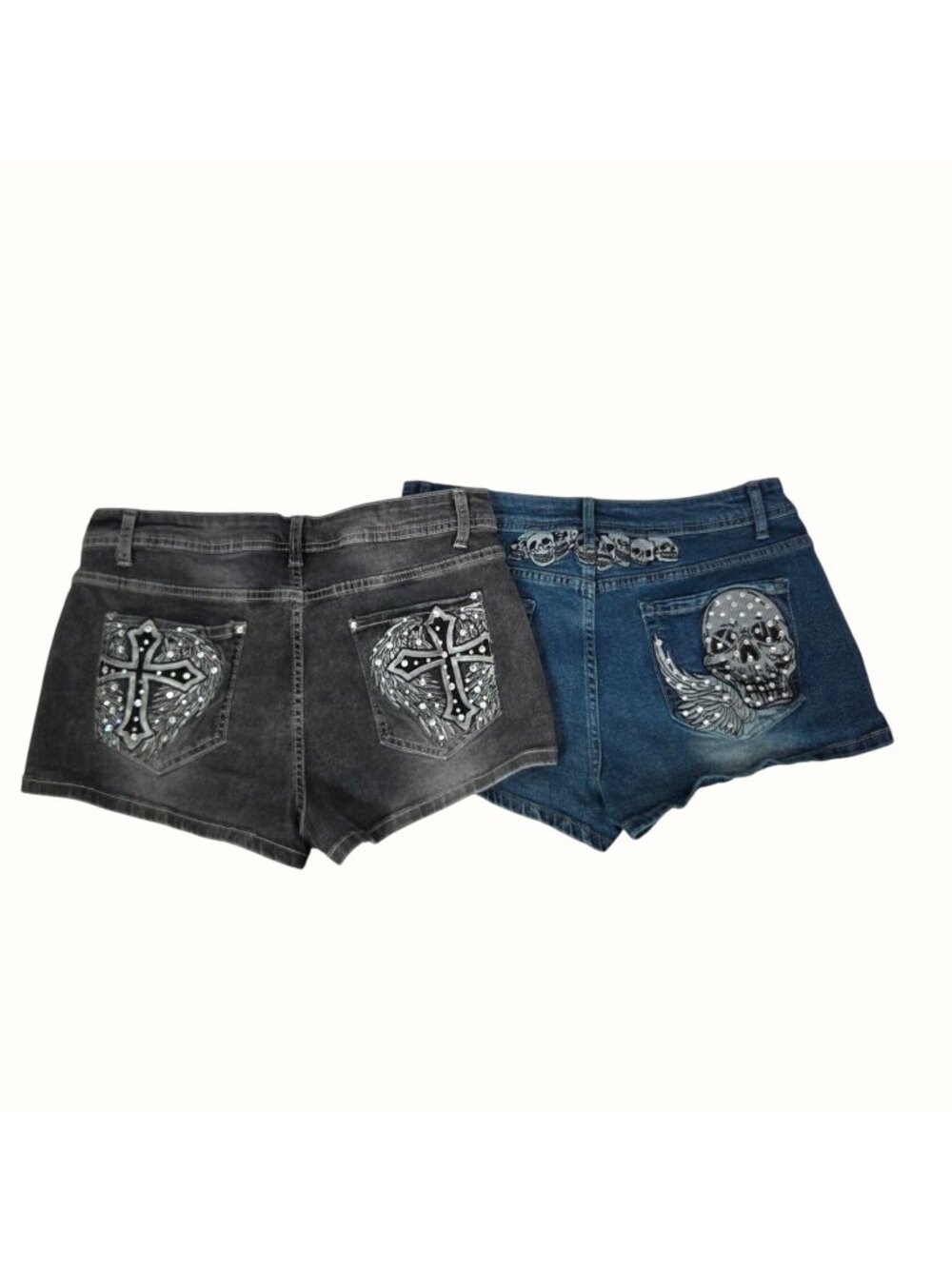 Womens Y2K Grunge Punk Denim Shorts Skull & Cross Embroidery Blue Black Lg 2 Pr